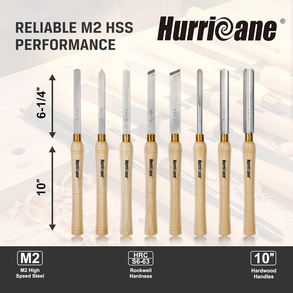8pc Wood Lathe Chisel Set, M2 HSS Wood Turning Tools with 10" Solid Hardwood Handles, Lathe Tool Kit for Beginners