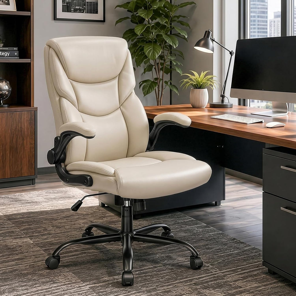 Ergonomic Office Chair - Heavy Duty Task Desk Chair with Flip-up Armrest, PU Leather, Height Adjustable & Swivel