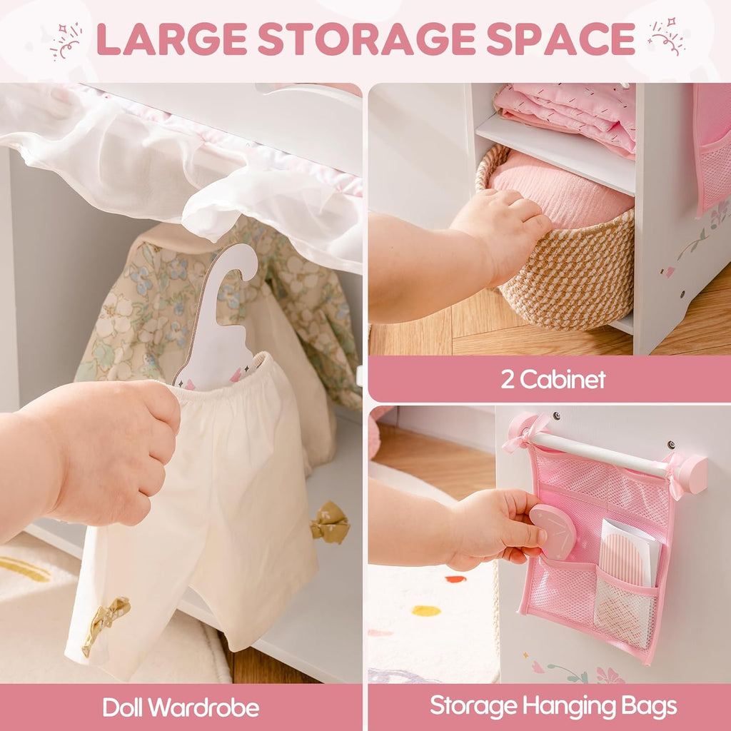 Baby Doll Crib – Wooden Baby Doll Changing Table with Storage – Bedding & Hooks, Fits 18-21" Dolls, Doll Bed Playset