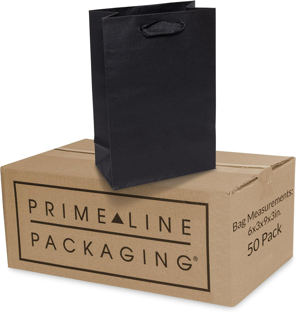 Black Paper Gift Bags, 6x3x9 Retail Bags, 50 Pack