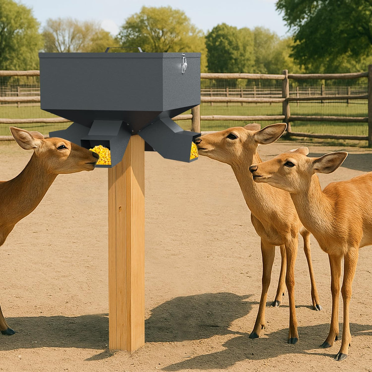 Portable 80LB Gravity Deer Feeder, Heavy Duty Metal Wildlife Feeder with 4 Feeding Ports, Weatherproof for Hunting &