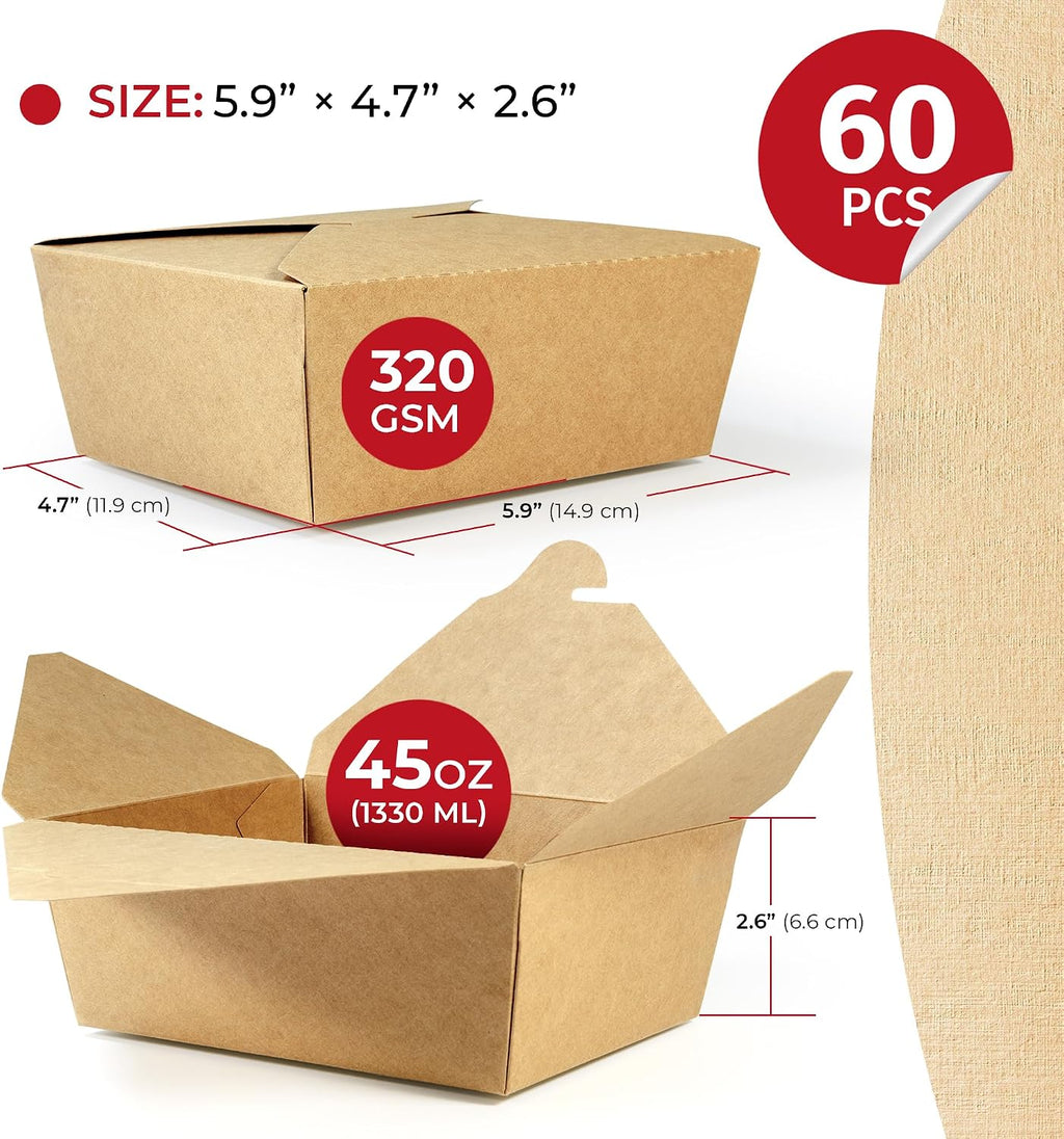 Takeout Storage Containers, Kraft Brown, 60 Pack, 45oz