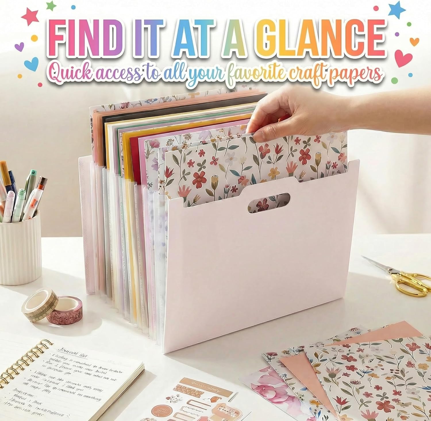 12x12 Scrapbook Paper Storage Organizer with 13 Expandable Pocket, Large Scrapbook Storage for Craft Room