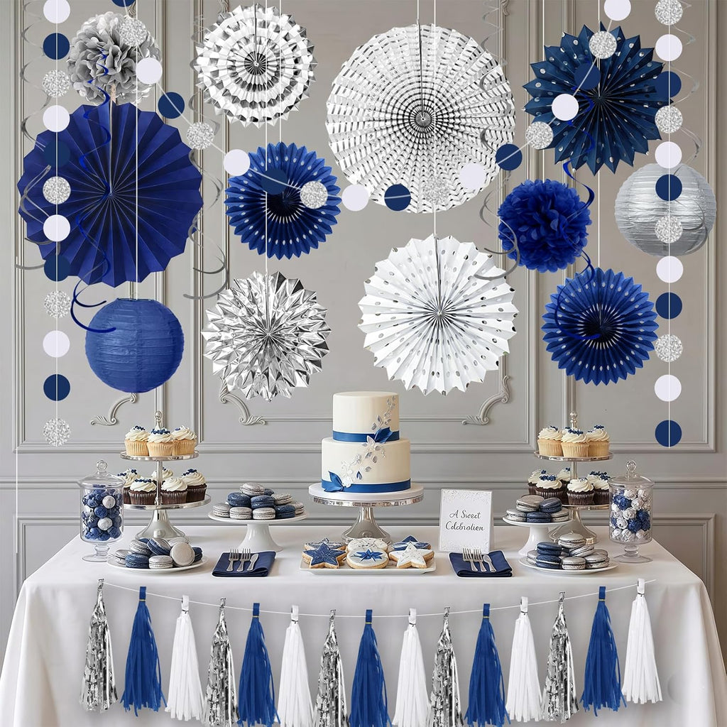34 Pcs Blue and Silver Party Decorations, Hanging Paper Lanterns Fans Pom Poms Set, Blue Streamers, 2026 Graduation