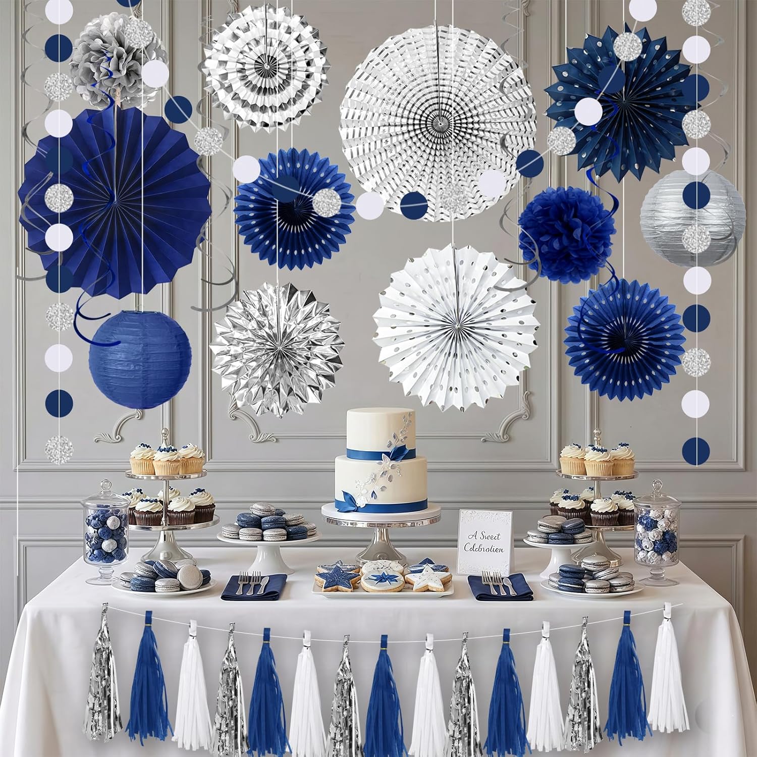 34 Pcs Blue and Silver Party Decorations, Hanging Paper Lanterns Fans Pom Poms Set, Blue Streamers, 2026 Graduation