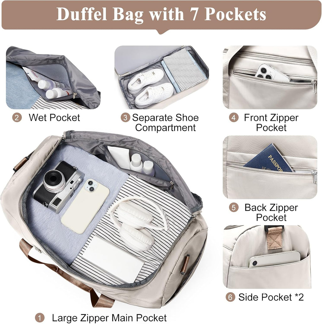 Travel Duffle Bag with Shoe Compartment, XL Weekender Bags for Women, Carry On Overnight Bags for Gym Sports &