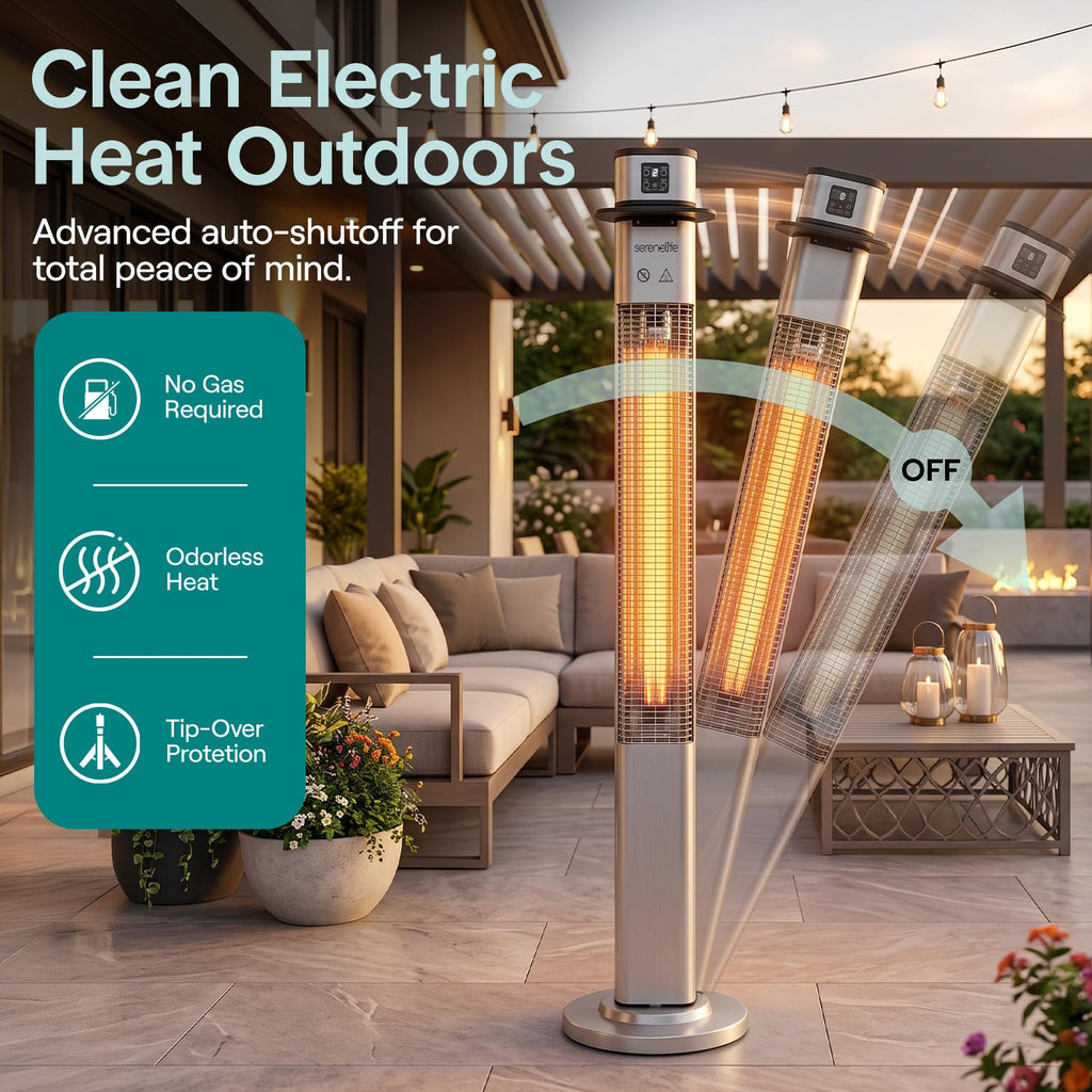 Infrared Patio Heater, 1500W Electric Standing with Remote Control, IP44 Approved, Odorless, Three Power Settings