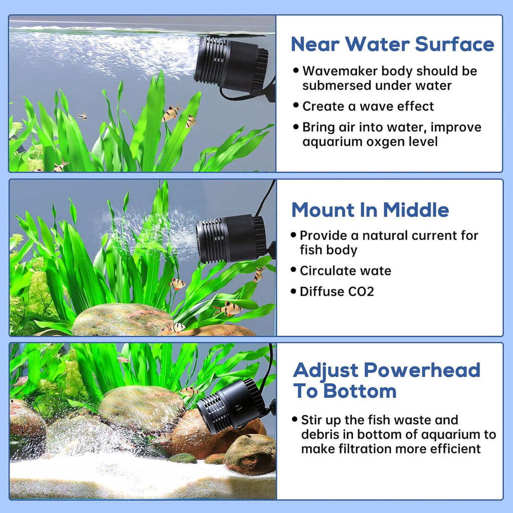 Aquarium Wave Maker 10W 1500GPH Submersible Water Circulation Pump with Magnetic Base, Quiet Rotating Powerhead for