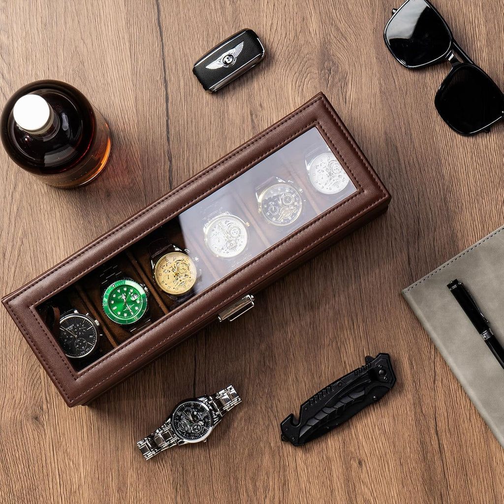 Watch Box, 6 Slot Watch Display Case with Drawer -Espresso | Mens Watches Case with Glass Lid, 2-Layer Mens Jewelry