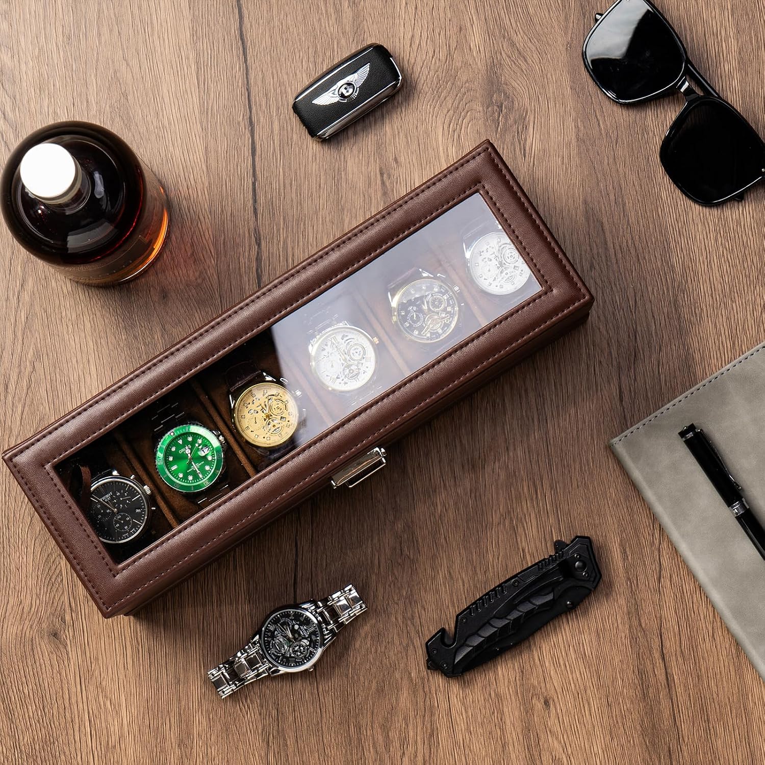 Watch Box, 6 Slot Watch Display Case with Drawer -Espresso | Mens Watches Case with Glass Lid, 2-Layer Mens Jewelry