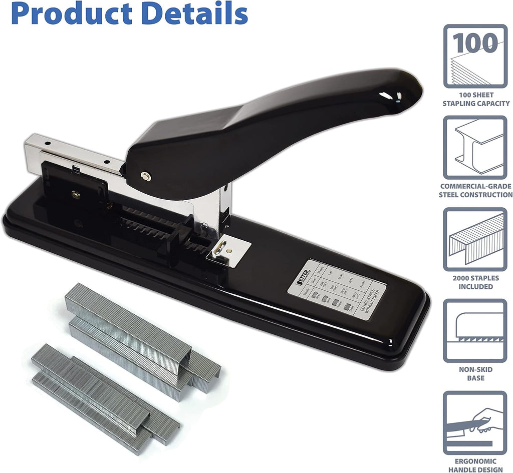 Heavy Duty Commercial Stapler with 2,000 Staples, Black Polished Steel, 100 Sheet High Capacity, Rounded Ergonomic