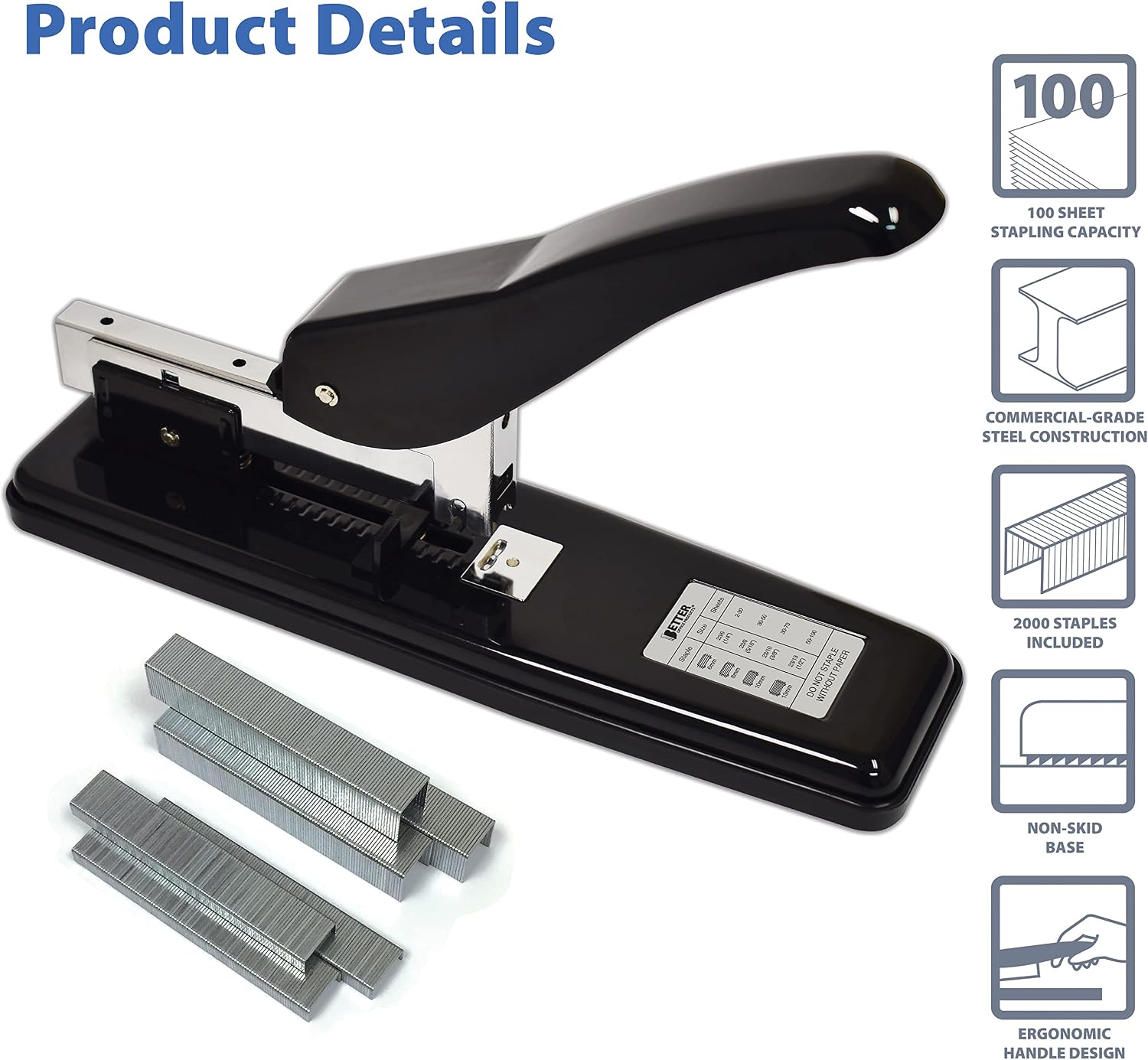Heavy Duty Commercial Stapler with 2,000 Staples, Black Polished Steel, 100 Sheet High Capacity, Rounded Ergonomic