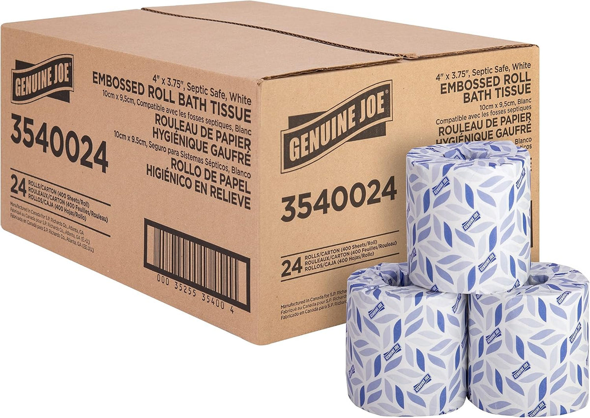 Embossed Bath Tissue, 2-Ply, Septic Safe, Individually Wrapped, 4" x 3.75", 400 Sheets/Roll, 24 Count