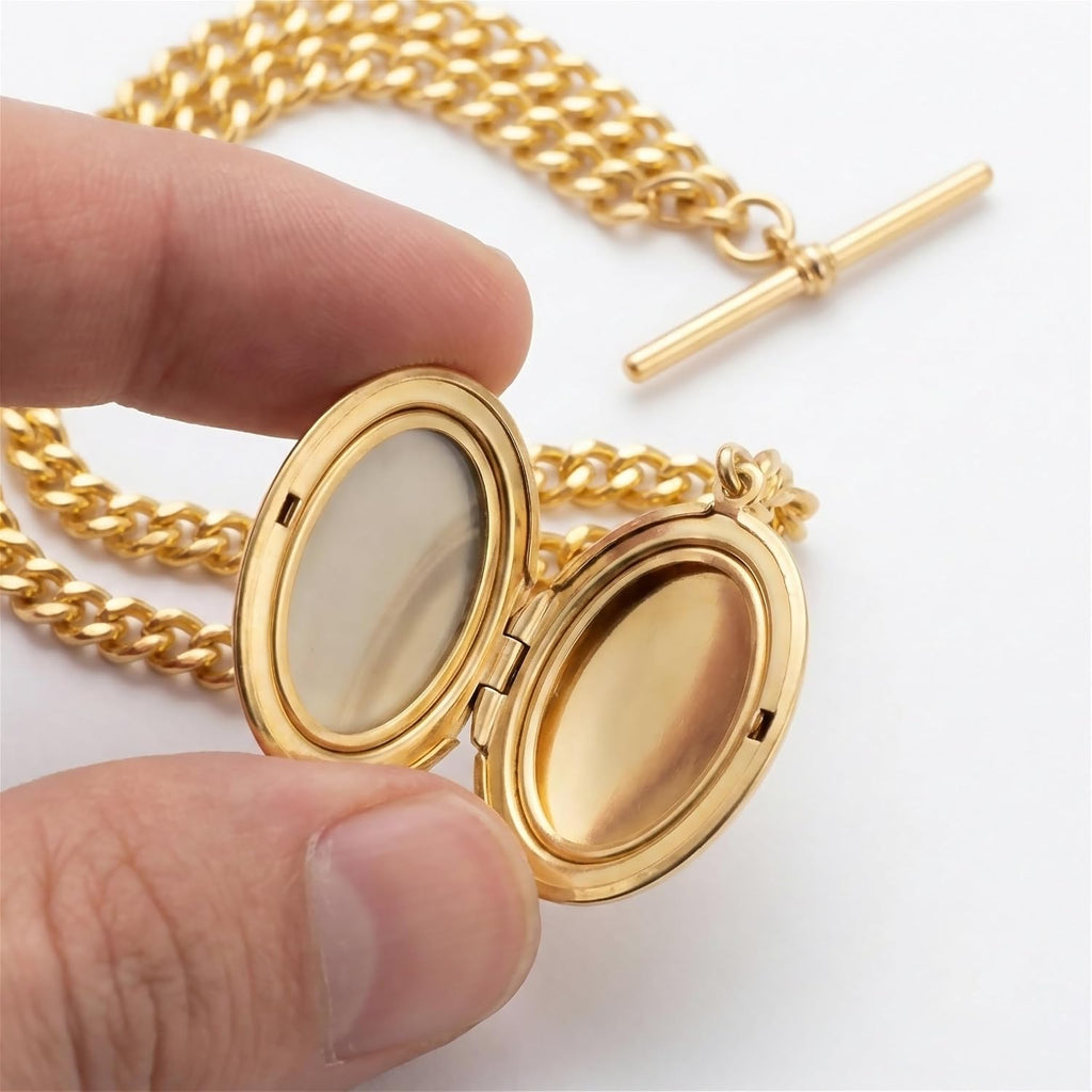 Handmade in The UK Gold Colour Single Albert Pocket Watch Chain with Locket Pendant