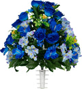 Artificial Cemetery Flowers - Gravesite Flowers - Blue Roses and Hydrangeas