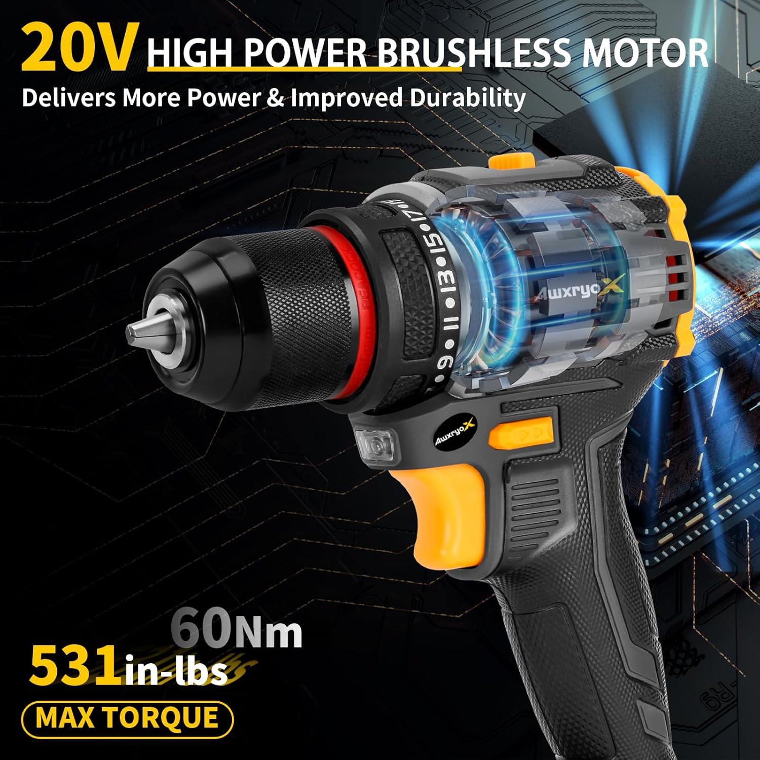 Brushless Compact Drill Tool Set, 60N.m 20V Cordless Drill Tool Box with 2 Battery, 135Pcs Man Household Combo Set