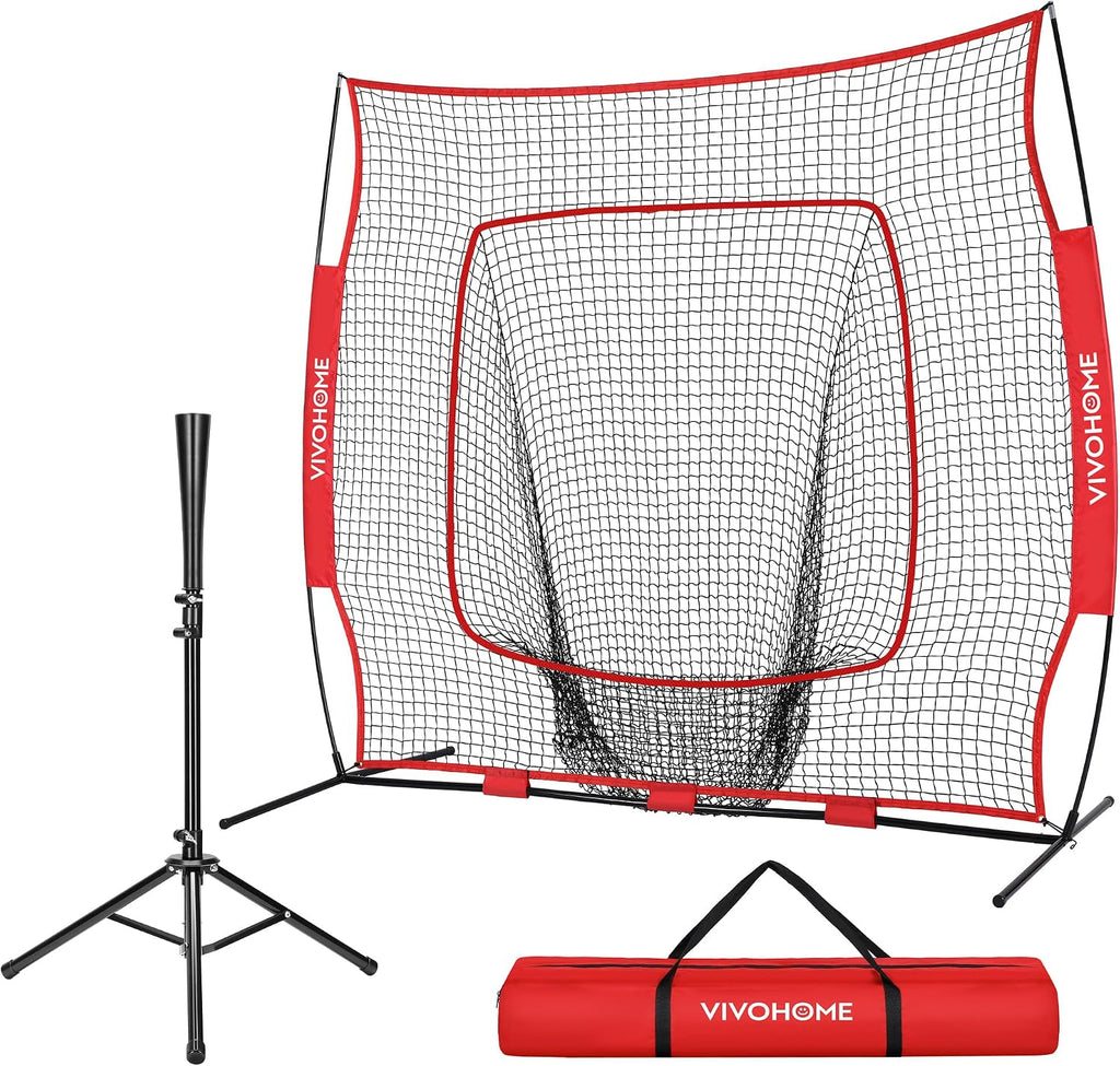 Baseball & Softball Training Net with Batting Tee, 7 x 7 ft. | Height-Adjustable Tee, Aluminum Frame, Large Sock Net