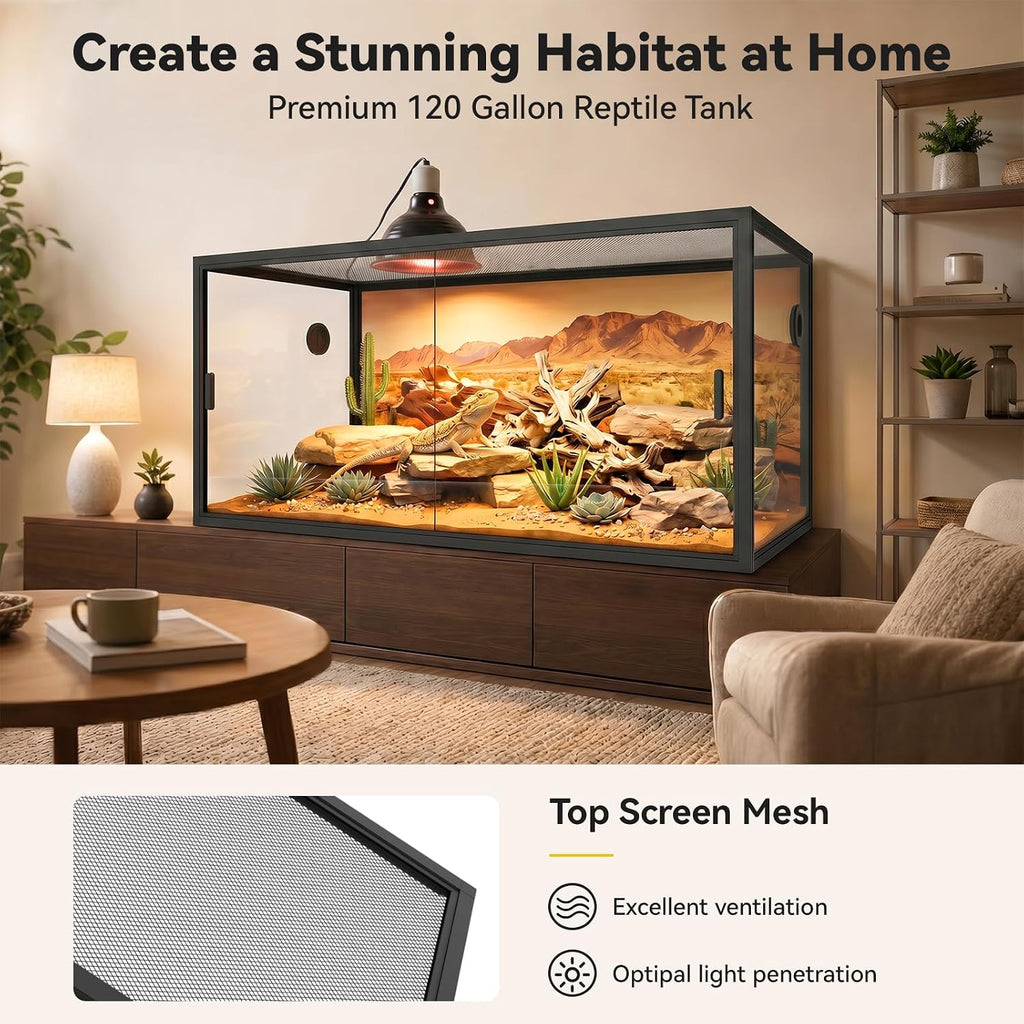 120 Gallon Reptile Enclosure 48" x 24" x 24", Front Opening Reptile Enclosure with Tempered Glass Doors, Safety Lock