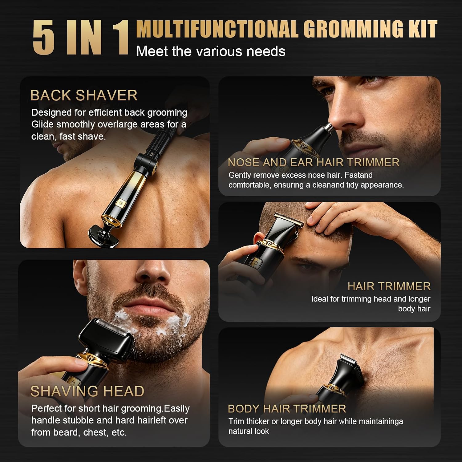 Back Shaver for Men with Adjustable Long Handle | 5 in 1 Electric Body Groomer, LED Display,Rechargeable Mens Back