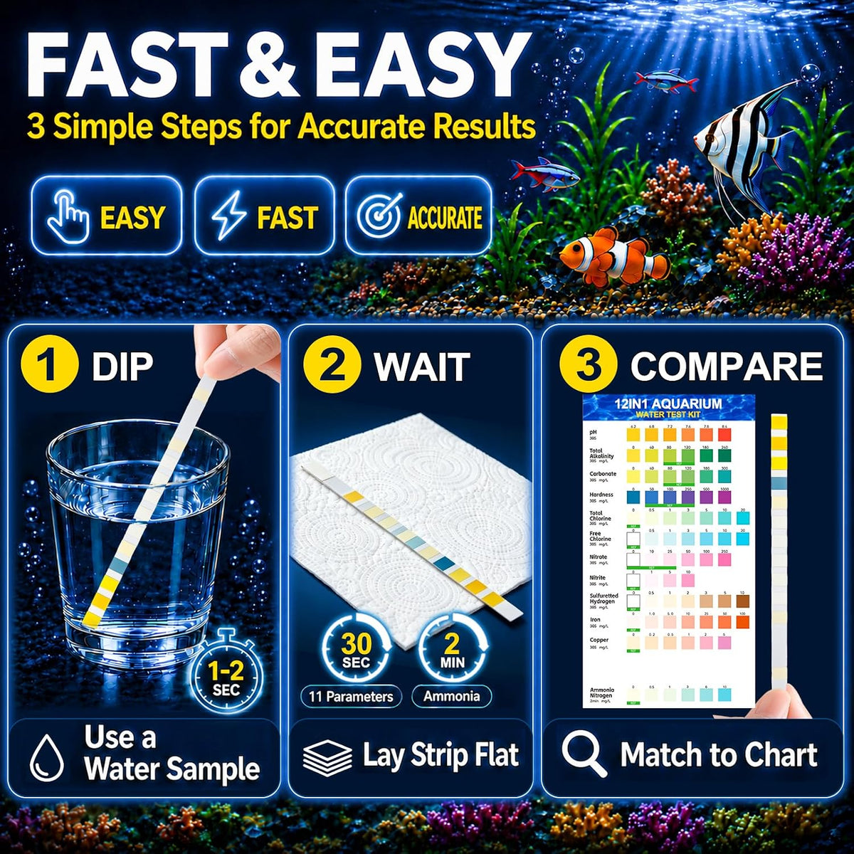 12-in-1 Aquarium Test Strips for Ammonia, 50ct Fish Tank Water Testing Kit