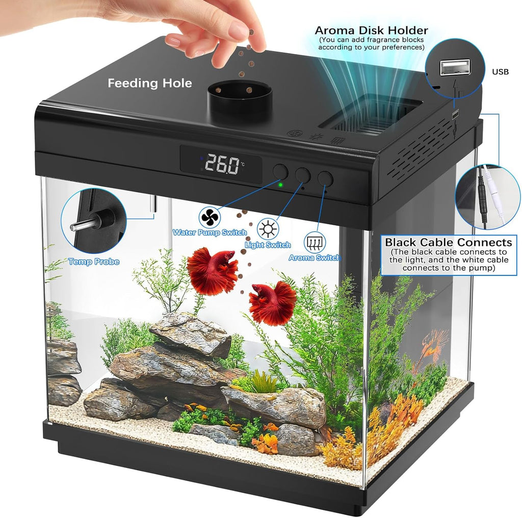 3.7 Gallon Aquarium Starter Kit Small Glass Fish Tank, Black