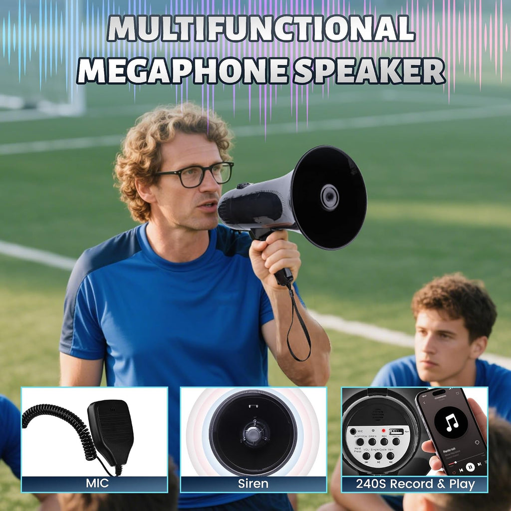 Portable Megaphone Bullhorn 35 Watt Power Megaphone Speaker with Siren/Alarm Modes, 240S Recording, USB Flash Drive