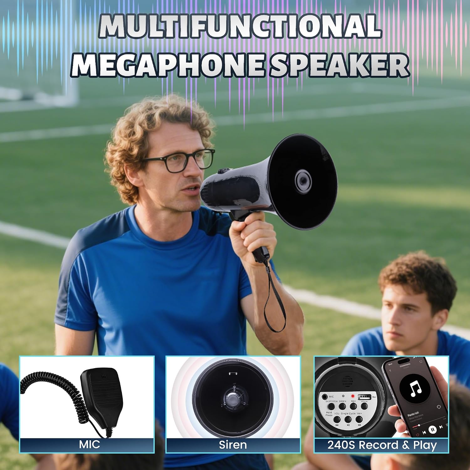 Portable Megaphone Bullhorn 35 Watt Power Megaphone Speaker with Siren/Alarm Modes, 240S Recording, USB Flash Drive