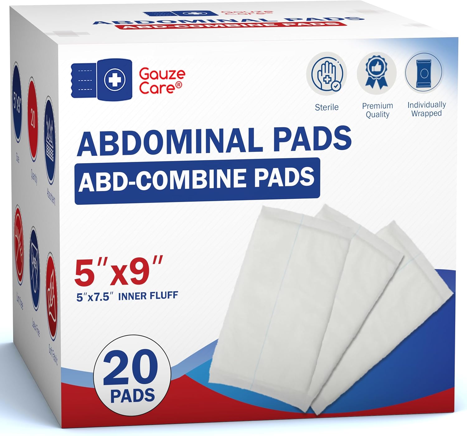 GauzeCare Sterile Abdominal Pads 5x9 inch 20-Pack | Extra Absorbent & Thick, Individually Packed Combine Pads with