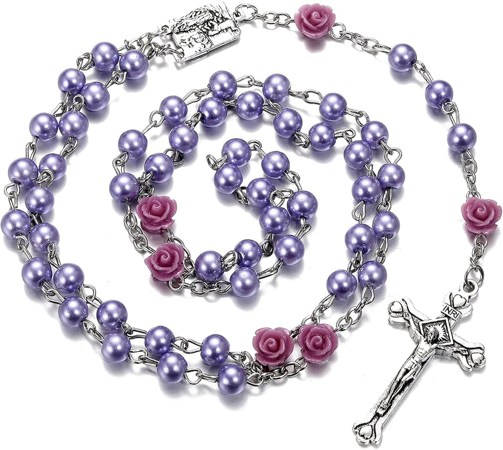Rosary Beads Catholic Necklace Holy Soil Medal Cross Crucifix with Metal Box and 18pcs Prayer Cards