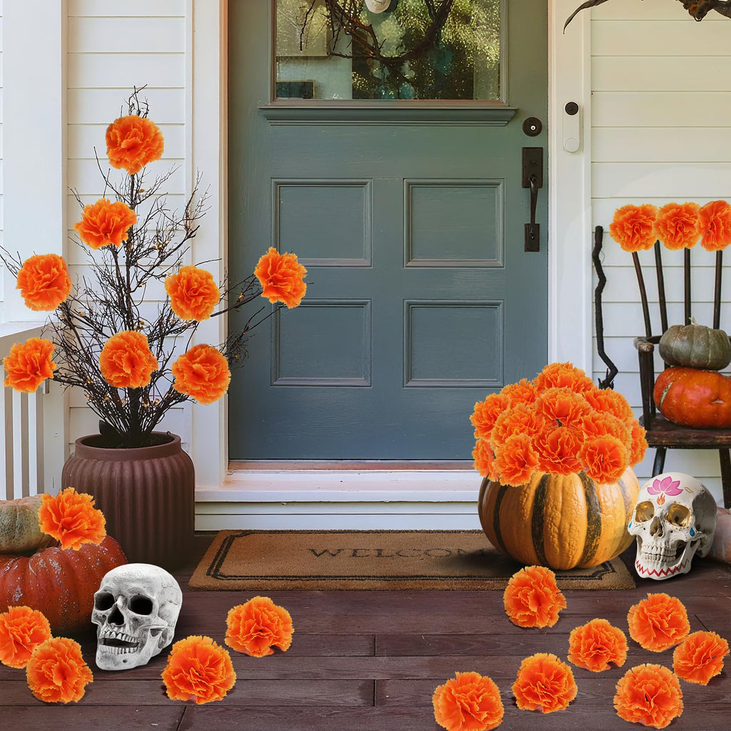 100PCS Orange Artificial Marigold Flower Heads with Stems