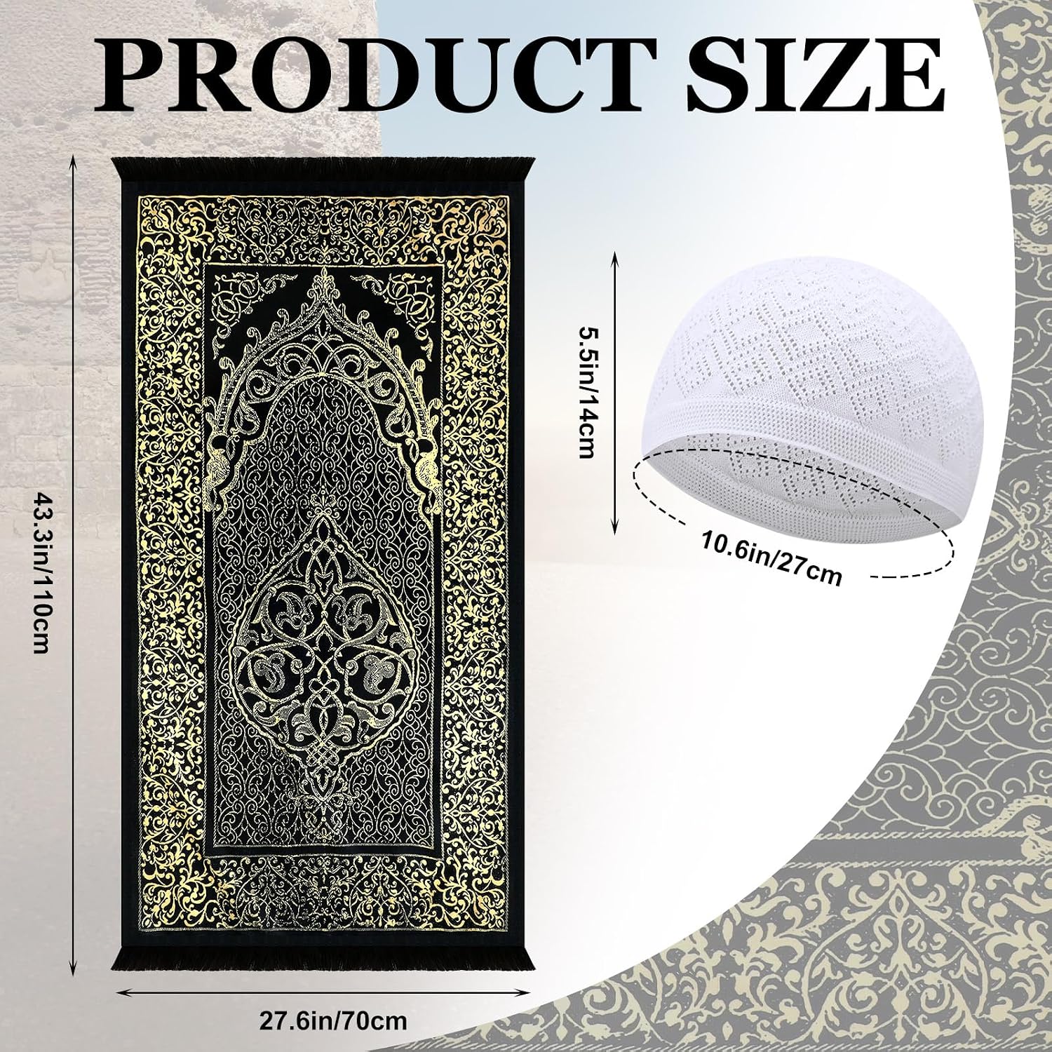 10 Pcs Muslim Prayer Rug Islamic Prayer Mat with Kufi Hats Prayer Cap, Muslim Tasbih Prayer Beads, Portable Compass
