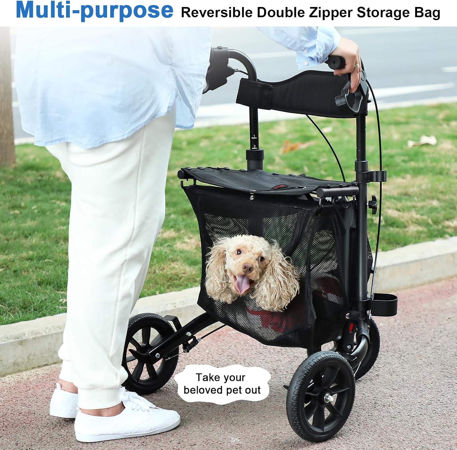 3 Wheel Rollator Walker with Seat for Slim Seniors, Padded Backrest Lightweight Foldable Travel Walker Ideal for