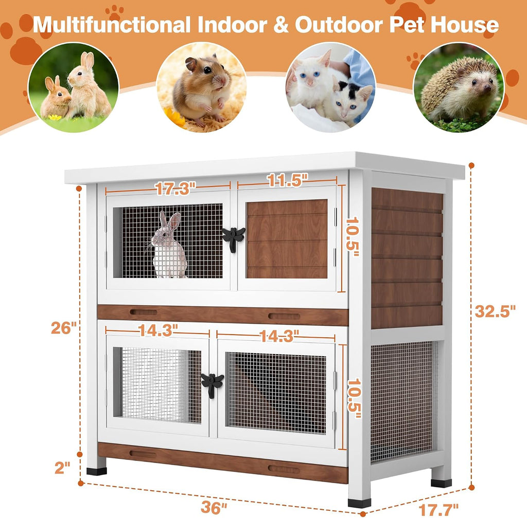 2 Story Rabbit Hutch, Indoor Outdoor Bunny Hutch Solid Wood Rabbit Cage with Removable Trays, Waterproof Asphalt