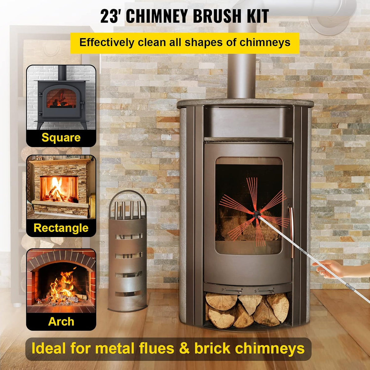 Chimney Sweep Kit 23FT Length, Chimney Brush Kit with 7 Nylon Flexible Rods, Rotary Chimney Cleaning Kit Driven by