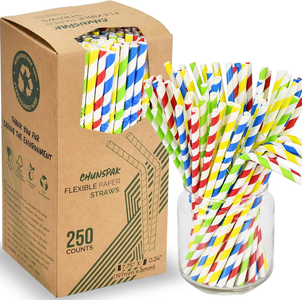 Flexible Paper Drinking Straws, 250 Count, 7.75" Long, 0.24" diameter - 100% Biodegradable - Assorted Striped Colors