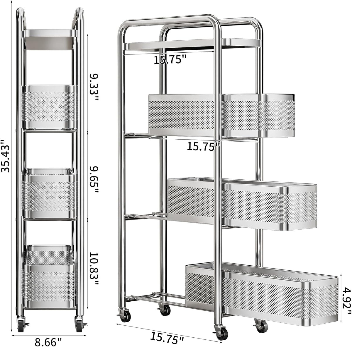 4-Tier Slim Storage Cart with 3 Slide-Out Drawers, 6.3" Sturdy Stainless Steel Rolling Utility Cart Organizer for