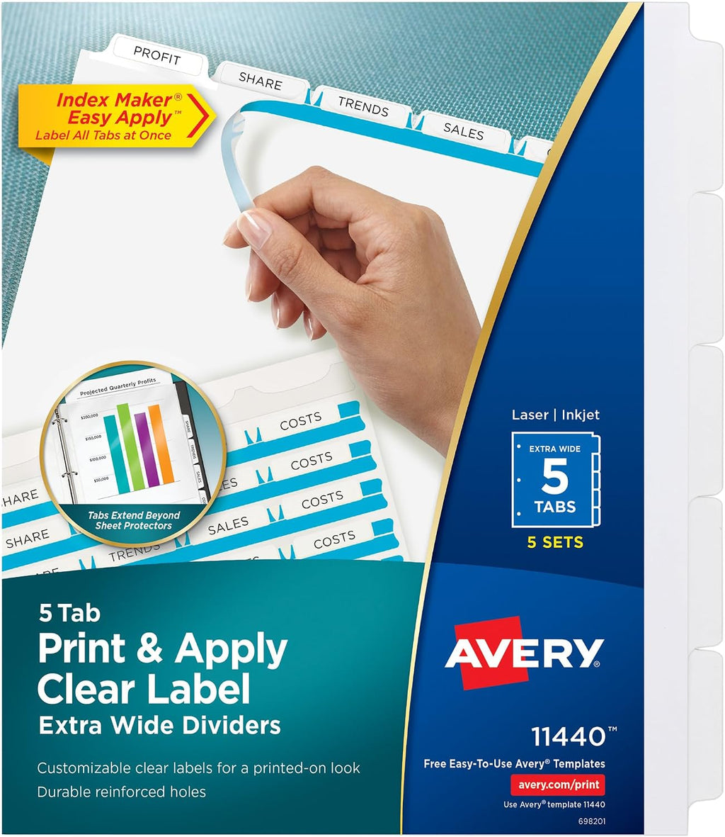 5-Tab Extra Wide Binder Dividers, Easy Print & Apply Clear Label Strip, Index Maker,White, 5 Sets (11440)