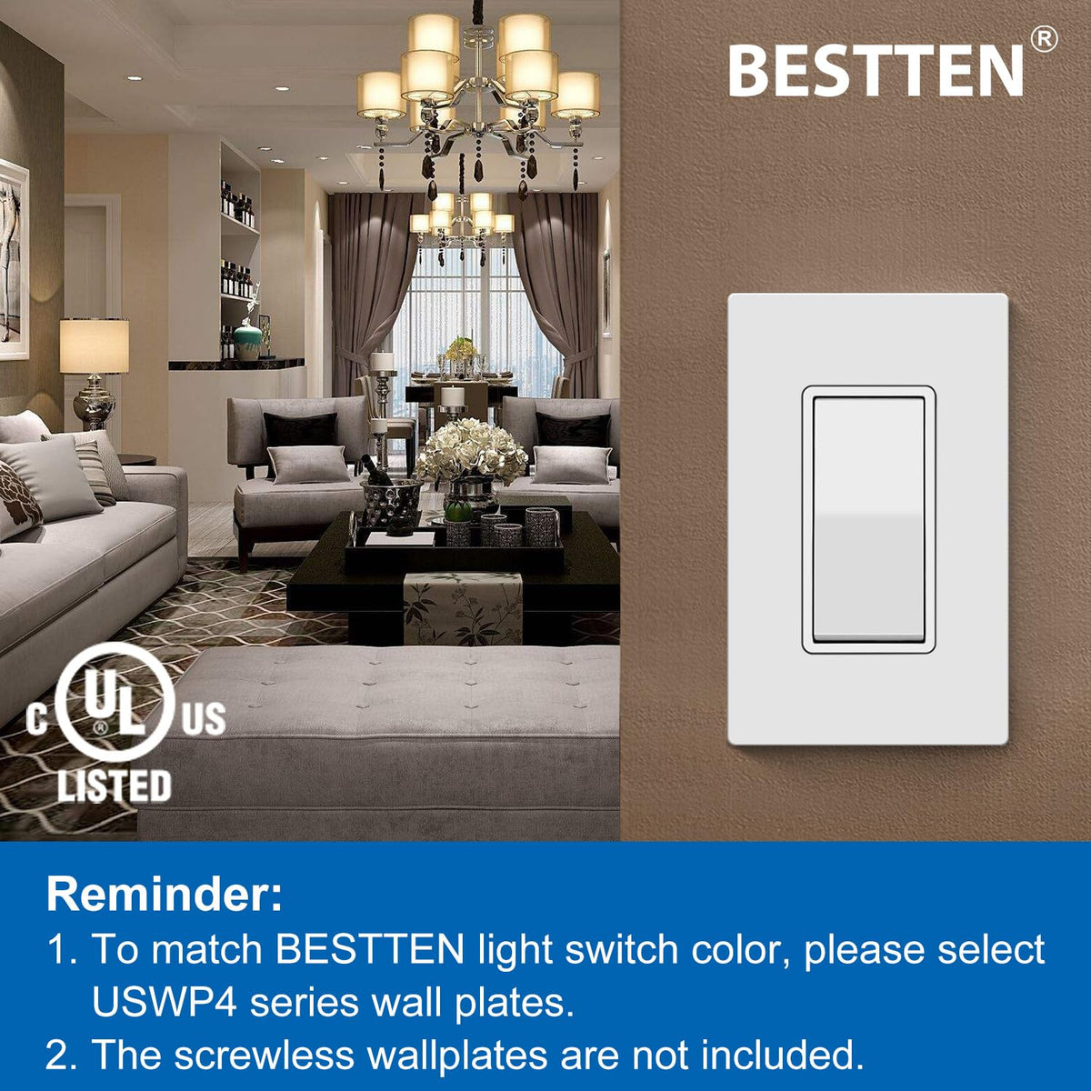 BESTTEN 10 Pack Single Pole Decorator Wall Light Switch, 15A 120/277V