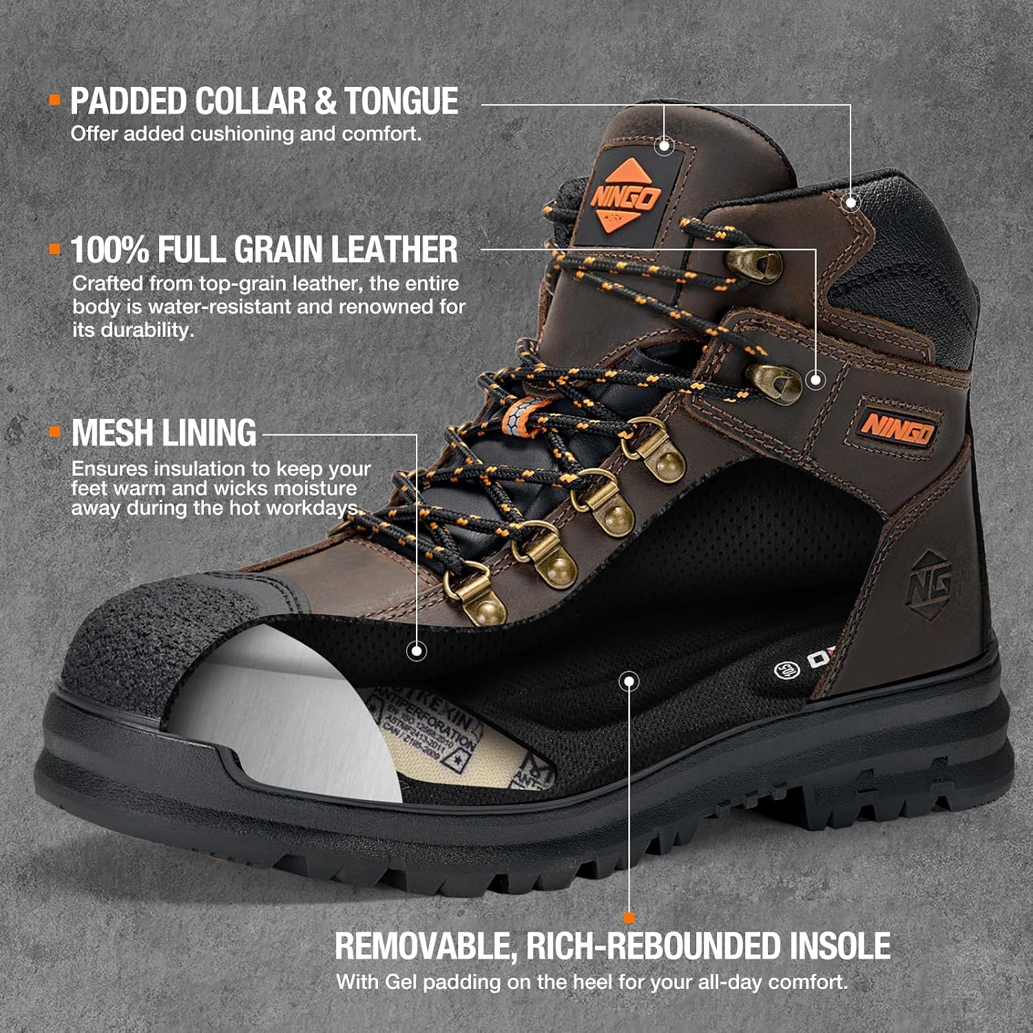 Mens Steel Toe Work Boots, Full Grain Leather, Oil and Slip Resistant, Puncture Proof Construction Boots with