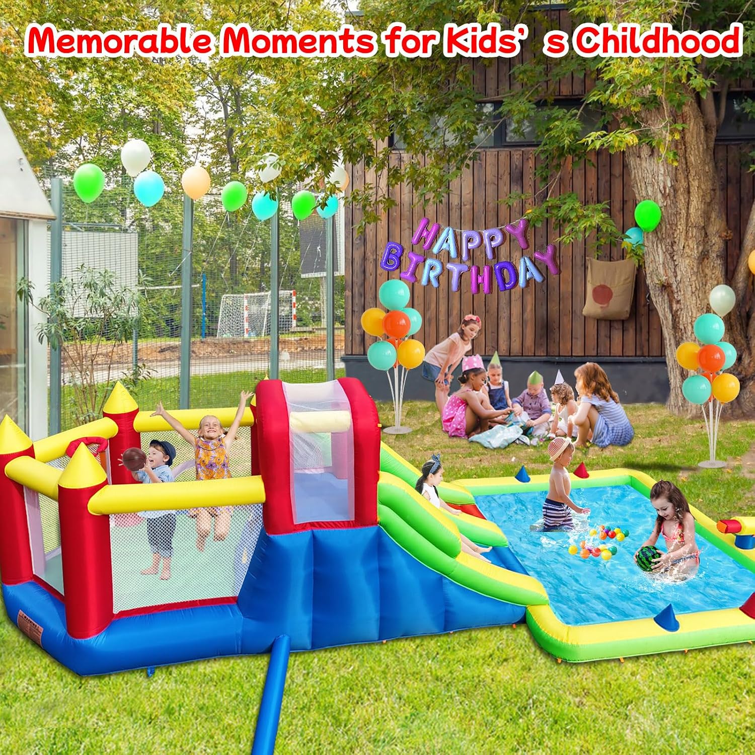 Inflatable Water Park Bounce House with Wet Water Slide & Dry Ramp | Combines 3 Slides,Bouncer, Climbing Wall,Top