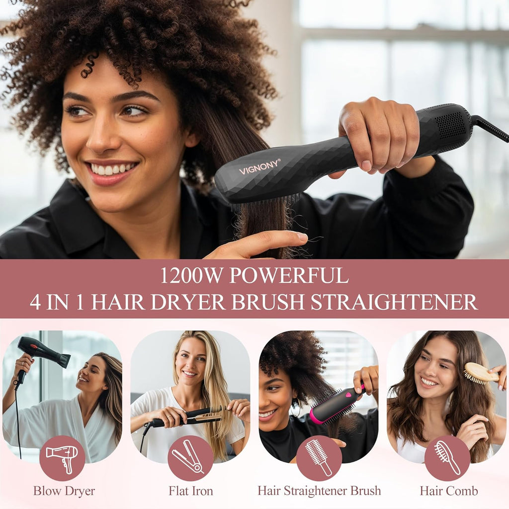 Hair Dryer Brush Blow Dryer Brush Straightener, 4-in-1 Professional 1200W Ionic Hot Air Brush Styler with Ceramic &