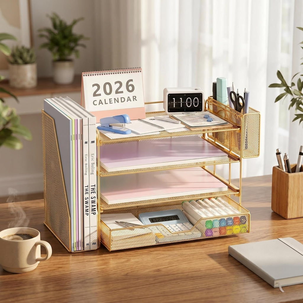 Desk Organizers and Accessories, 4-Tier Office Desk Accessories & Workspace Organizers with Drawer and Pen Holder