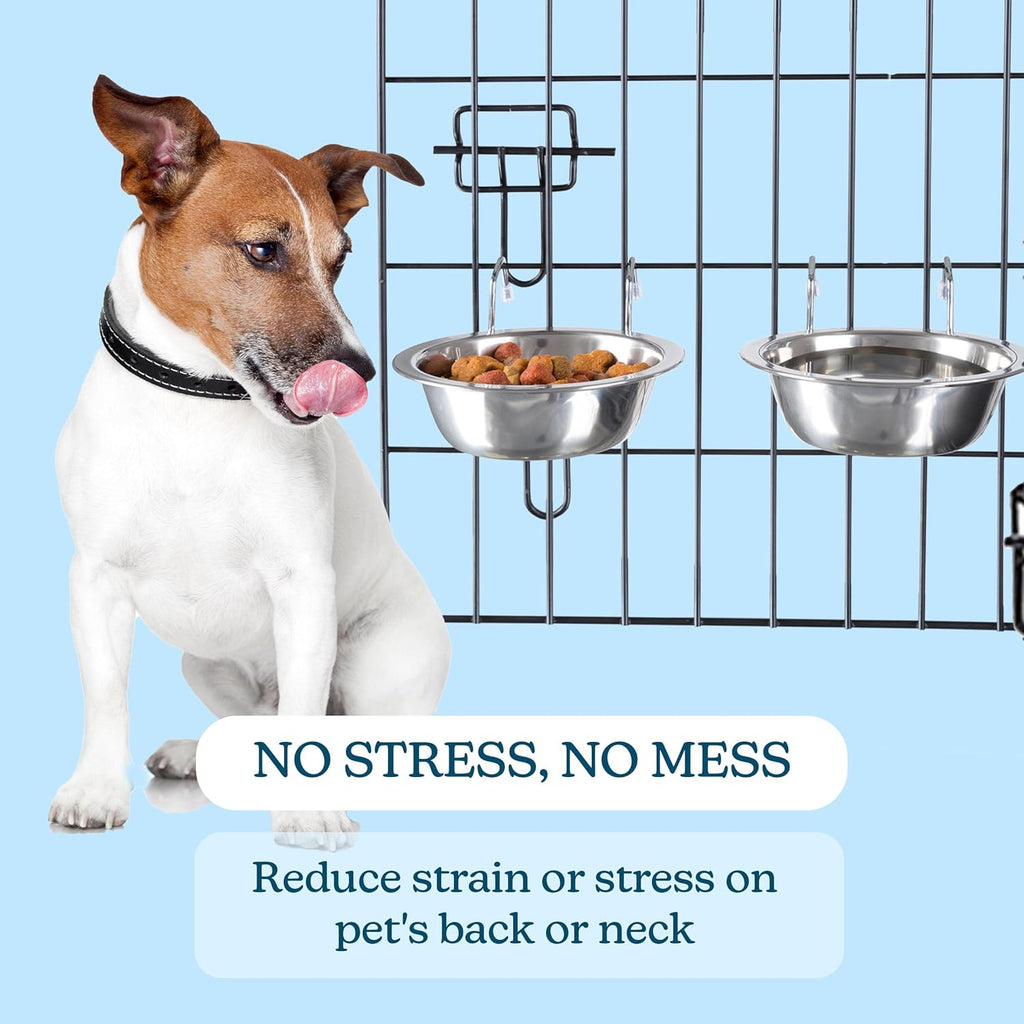 Set of 2 Stainless-Steel Dog Bowls - Cage, Kennel, and Crate Hanging Pet Bowls for Food and Water - 8oz Each and