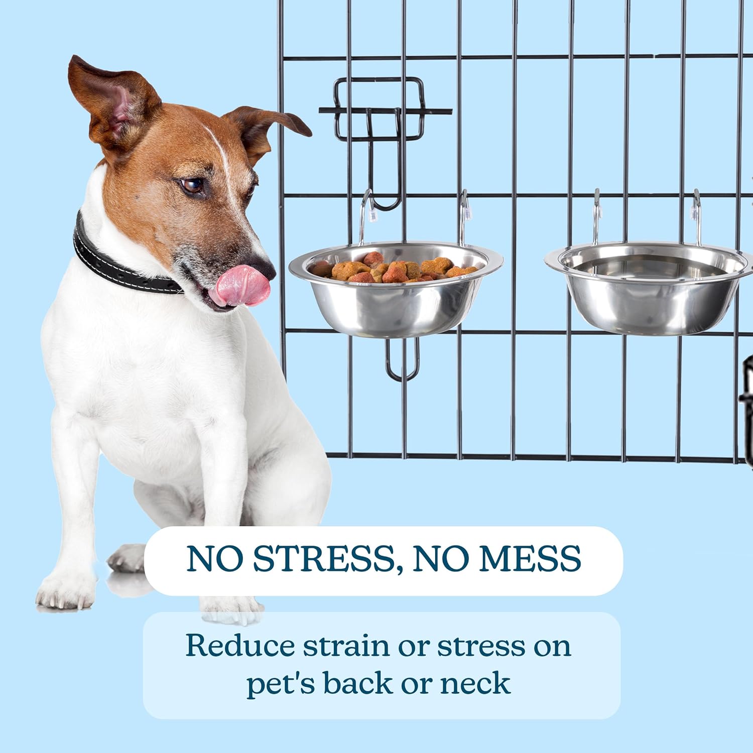 Set of 2 Stainless-Steel Dog Bowls - Cage, Kennel, and Crate Hanging Pet Bowls for Food and Water - 8oz Each and