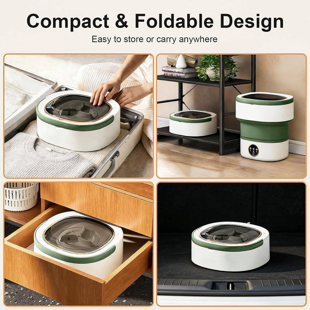 Portable Washing Machine - 22L Mini Foldable Washer with Spin Basket, Green