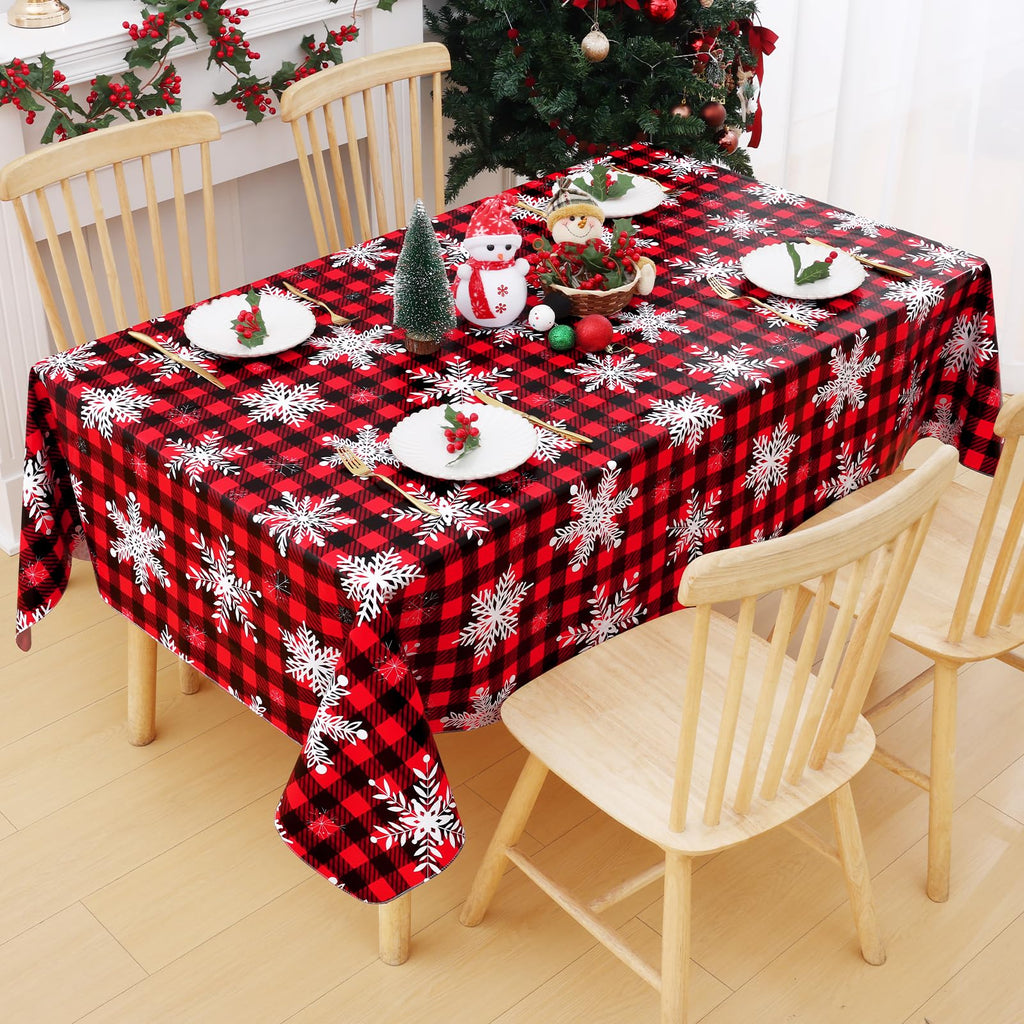 Christmas Rectangle Table Cloth, Waterproof Vinyl Tablecloth with Flannel Backing, Wipeable Bufflo Checked Snowflake