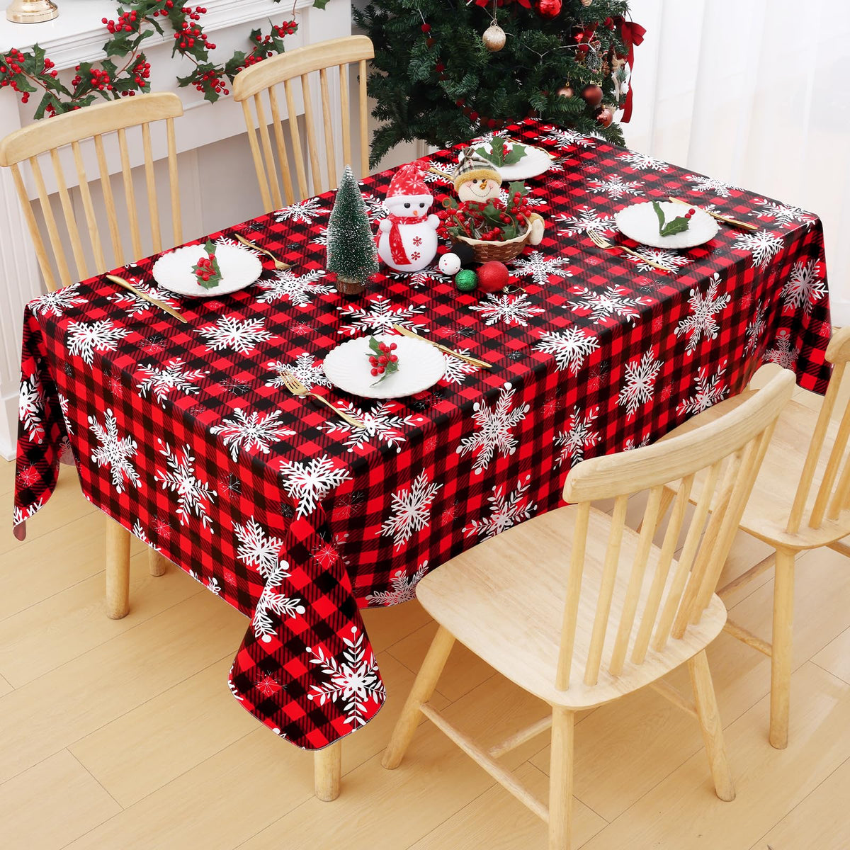 Christmas Rectangle Table Cloth, Waterproof Vinyl Tablecloth with Flannel Backing, Wipeable Bufflo Checked Snowflake