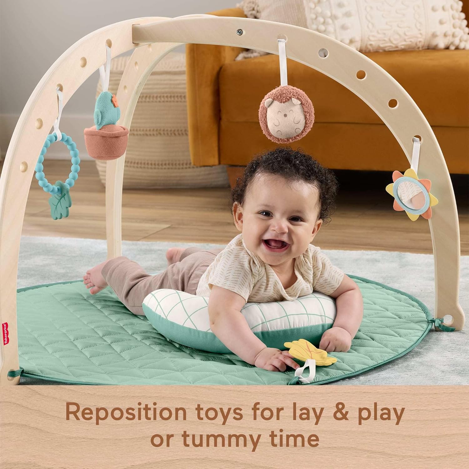 Fisher-Price Wood Baby Playmat Lay & Play Deluxe Activity Gym with Wooden Frame & Tummy Time Sensory Toys for