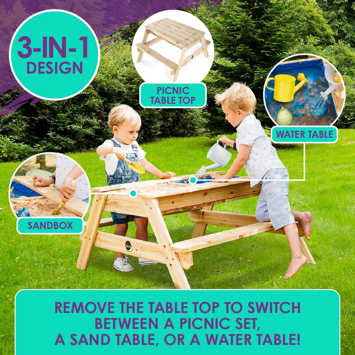 Surfside Wooden Sand and Water Picnic Table - Sensory Table Activity for Kids, Toddler Summer Outdoor Toys, Sturdy
