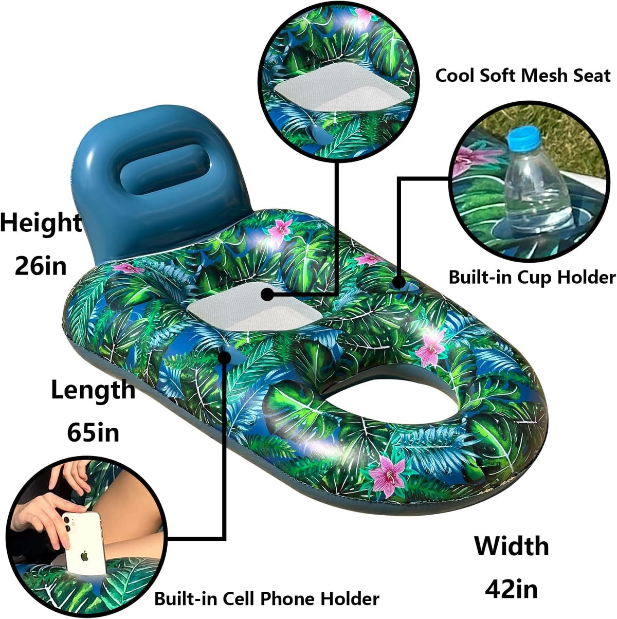 Pool Floats Chairs Adult - 65'' x 42'' Large Pool Float Chairs, Inflatable Pool Lounger with Cup Phone Holder